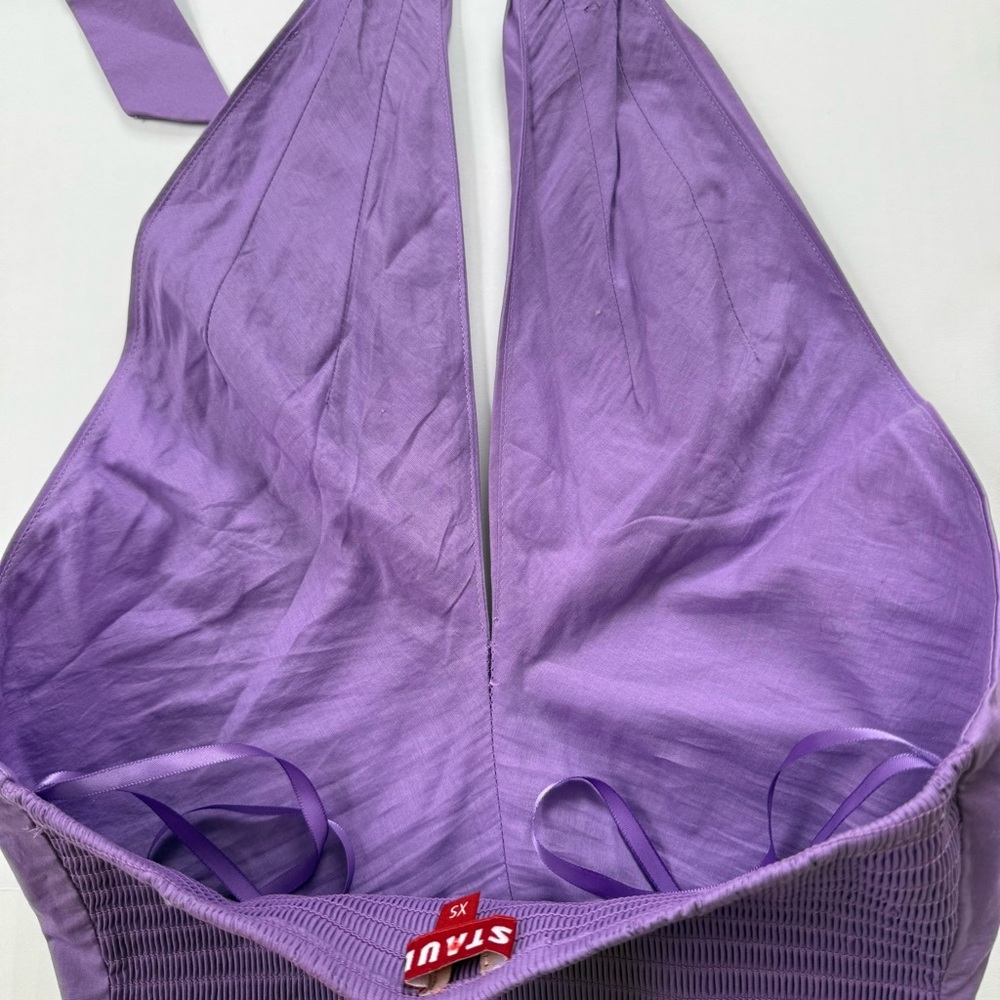 STAUD Purple Halter Tie Back Crop Top XS Smocked Back Open Back Festival - Picture 4 of 4